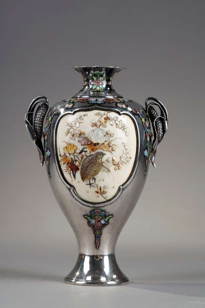 Shibayama silver vase. Meiji Period